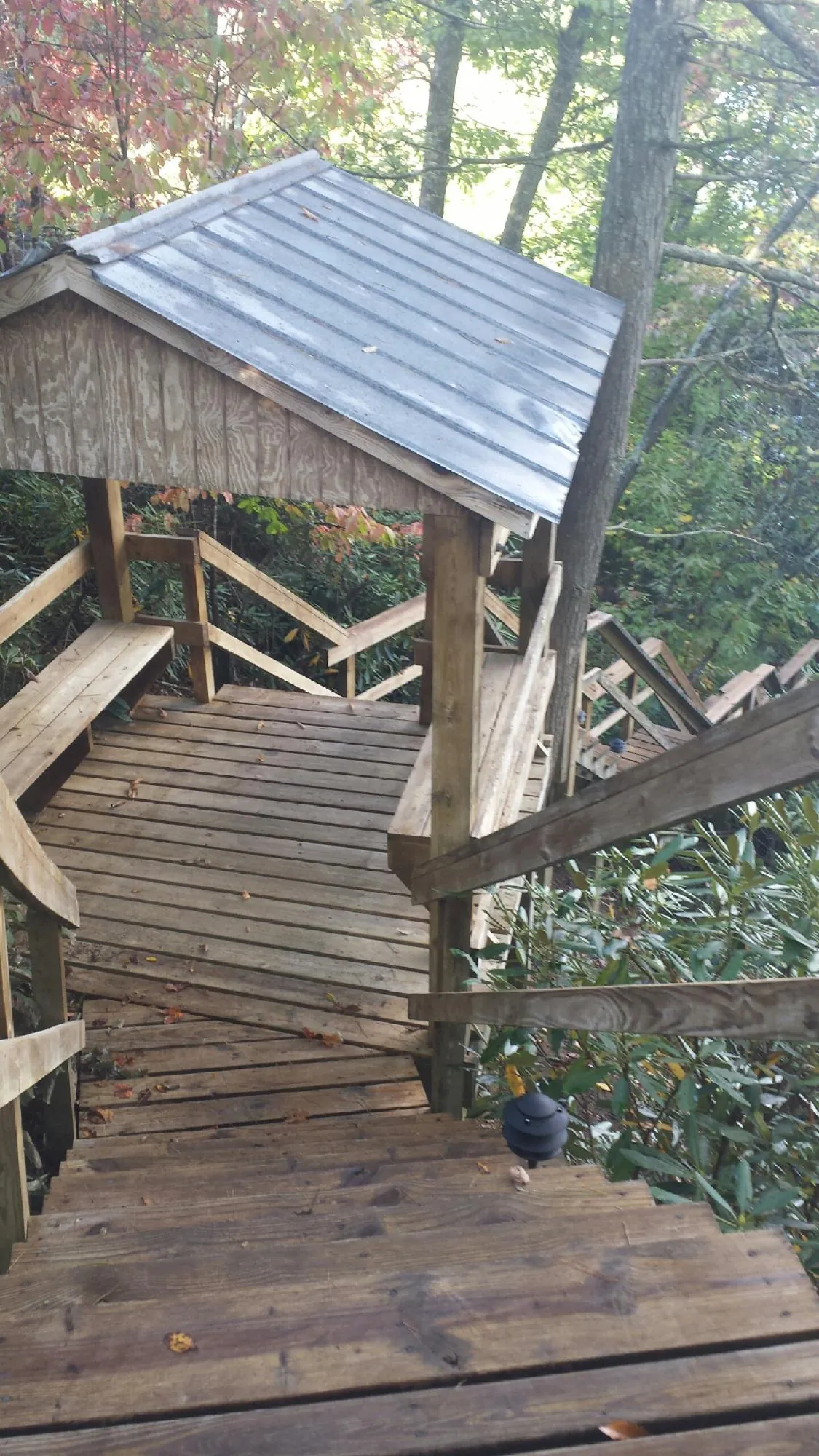 Metal roofed shelter over wooden steps on a wooded walkway — Skylight Repair & Installation work by our crew in Wheat Ridge